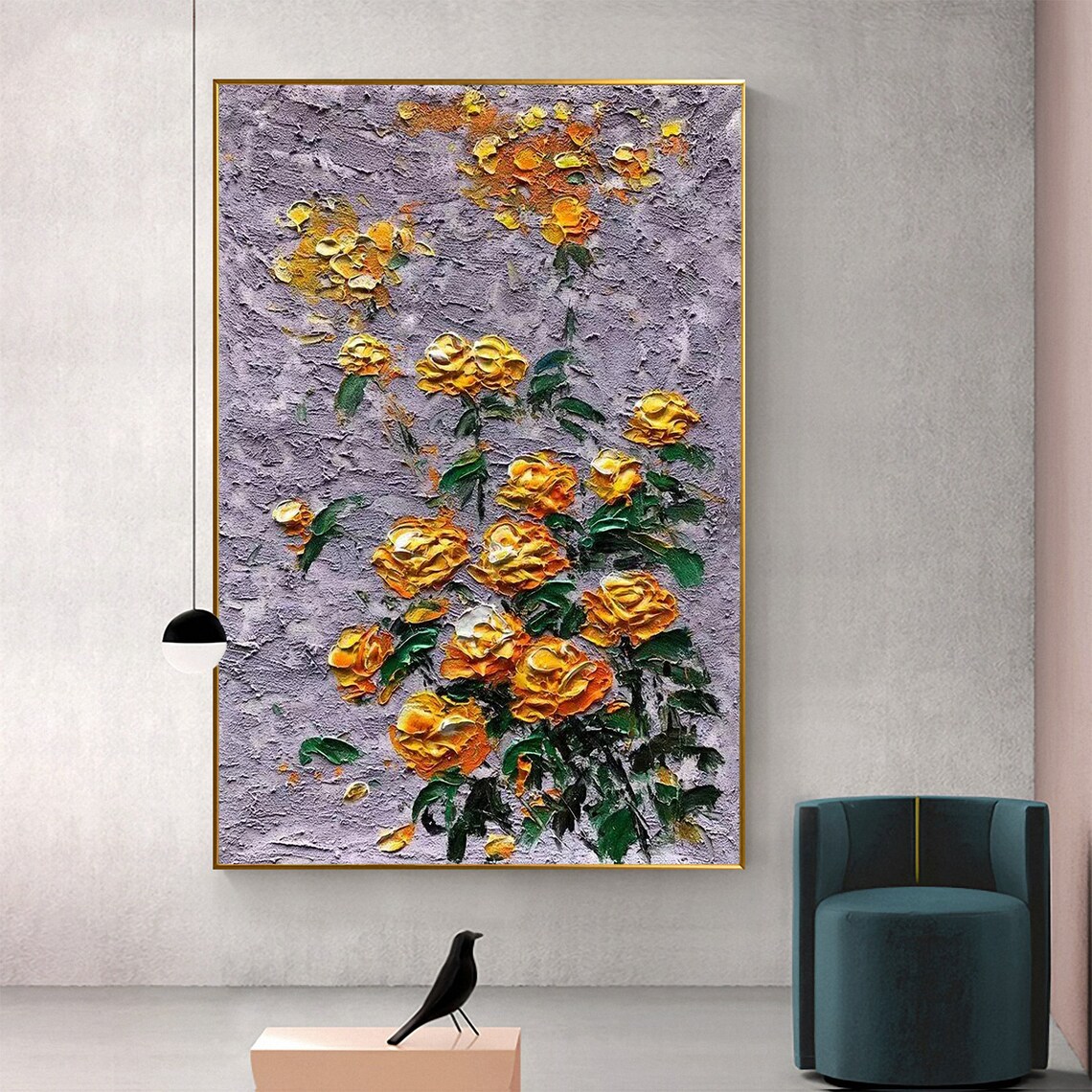 Yellow Roses On Lavender Gray Textured Impasto Oil Painting Poster - Image 3