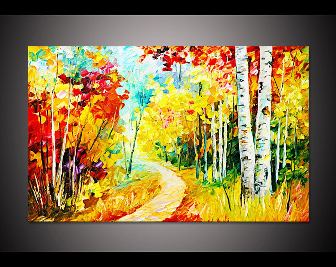 Hand Painted Autumn Forest Landscape Oil Painting On Thick Acrylic Palette Knife Art Painting Living Room Wall Art Impasto Painting