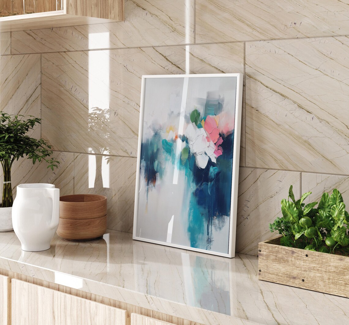 Abstract Pink Peony Bloom On Blue Grey Washes Floral Wall Art - Image 4