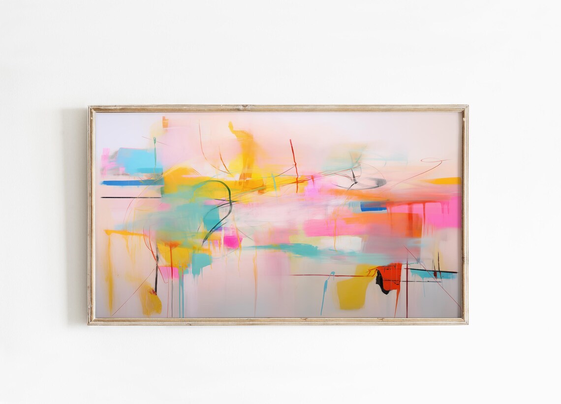Bright Pink Yellow Abstract Painting With Black Line Details Poster