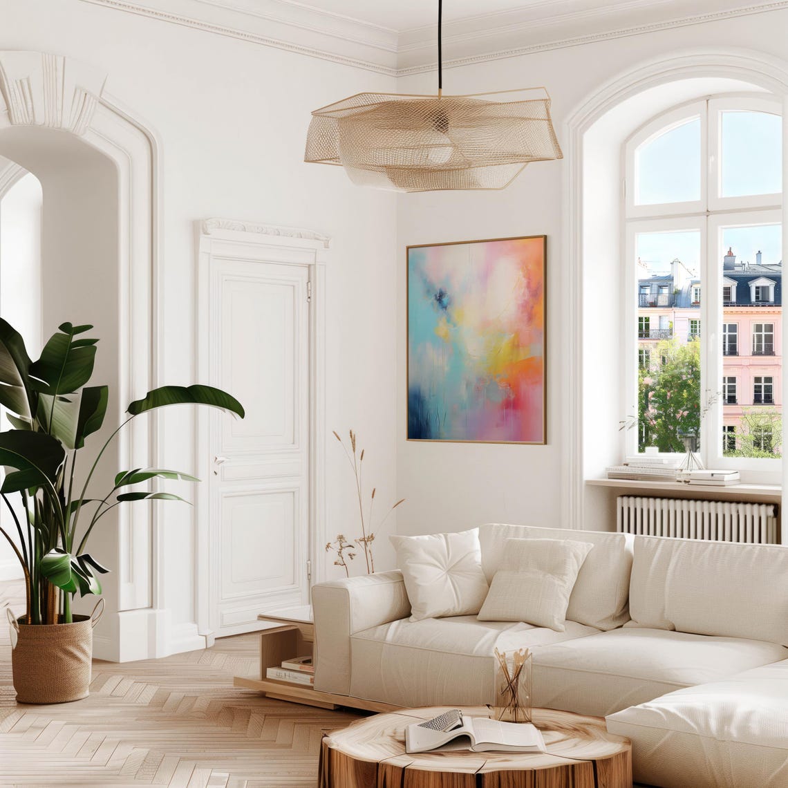 Pastel Rainbow Wash Gold Frame Abstract Oil Painting Modern Wall Art - Image 5
