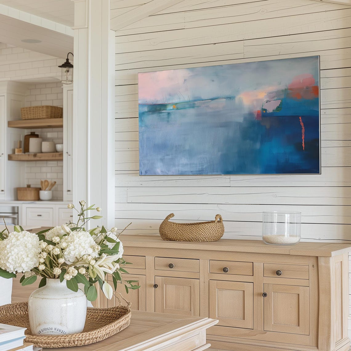 Pale Blue Abstract Painting With Soft Pink Horizon Glow Art Poster - Image 5