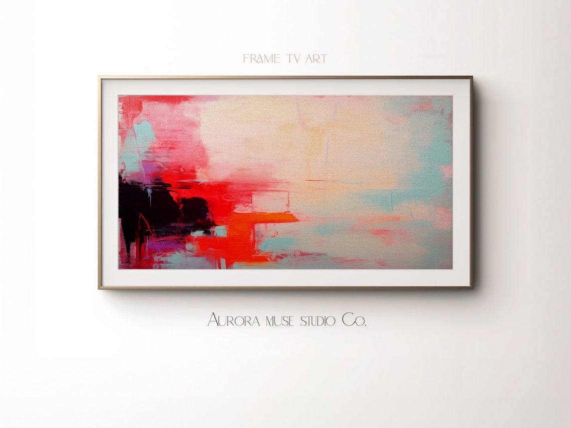 Coral Red Wash Abstract Painting With Soft Pink Horizon Art Poster - Image 2