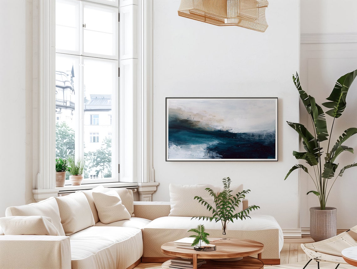 Deep Teal Ocean Abstract Painting With Misty Gray Sky Oil Poster - Image 5