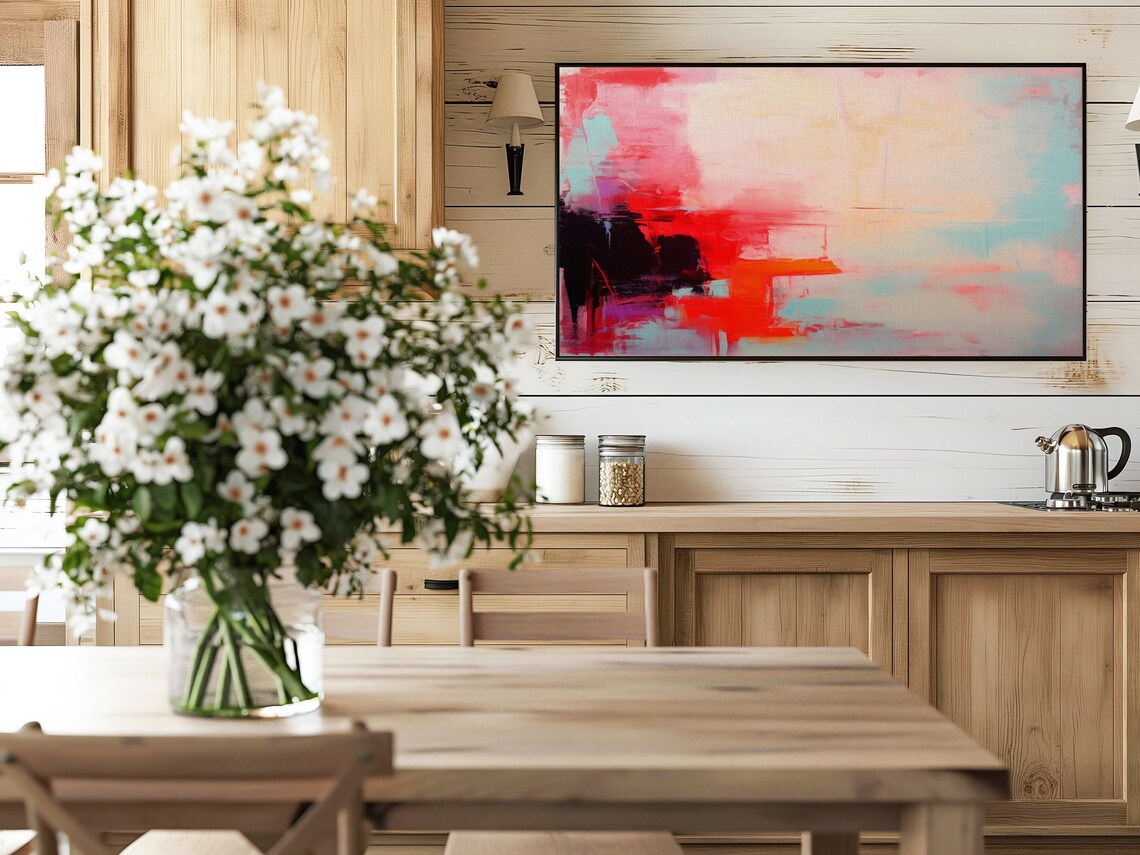 Coral Red Wash Abstract Painting With Soft Pink Horizon Art Poster - Image 5
