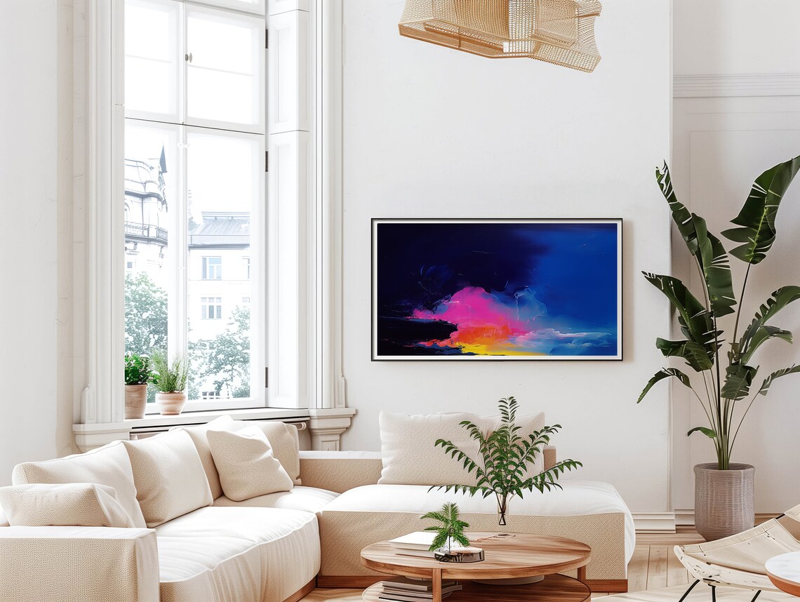 Dark Navy Neon Pink Cloud Night Dramatic Abstract Oil Painting Print - Image 5