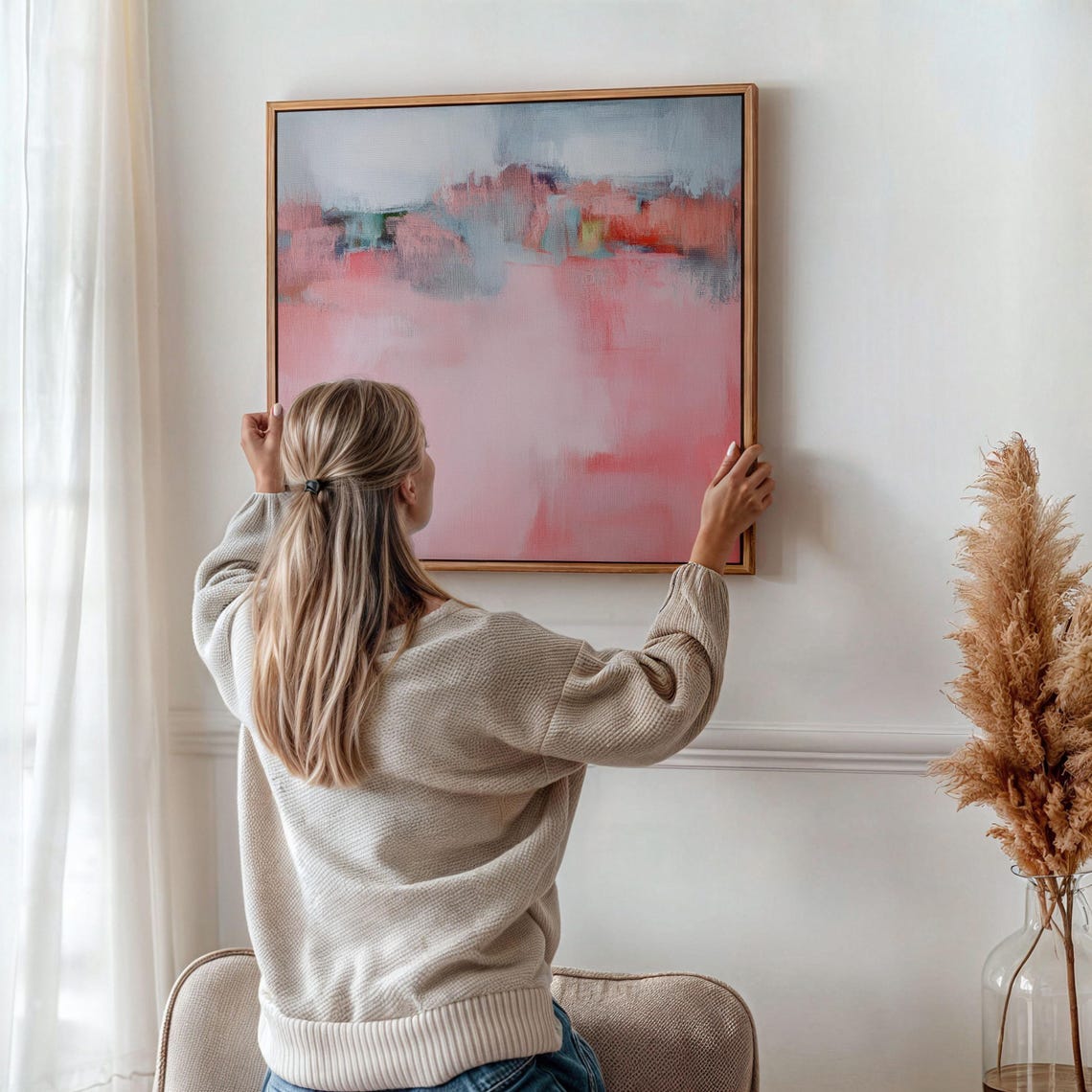 Soft Blush Pink Blue And Coral Wash Abstract Statement Wall Art - Image 4