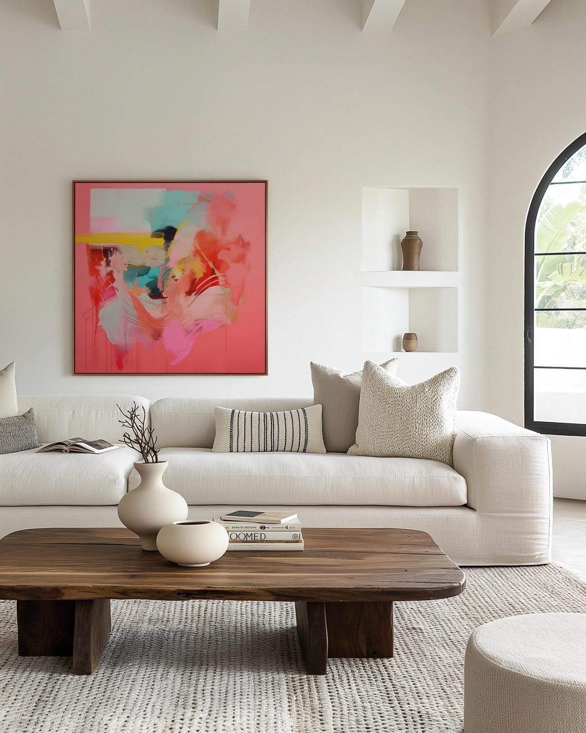 Coral Red Abstract With Teal And Yellow Brushstrokes Wall Art - Image 3