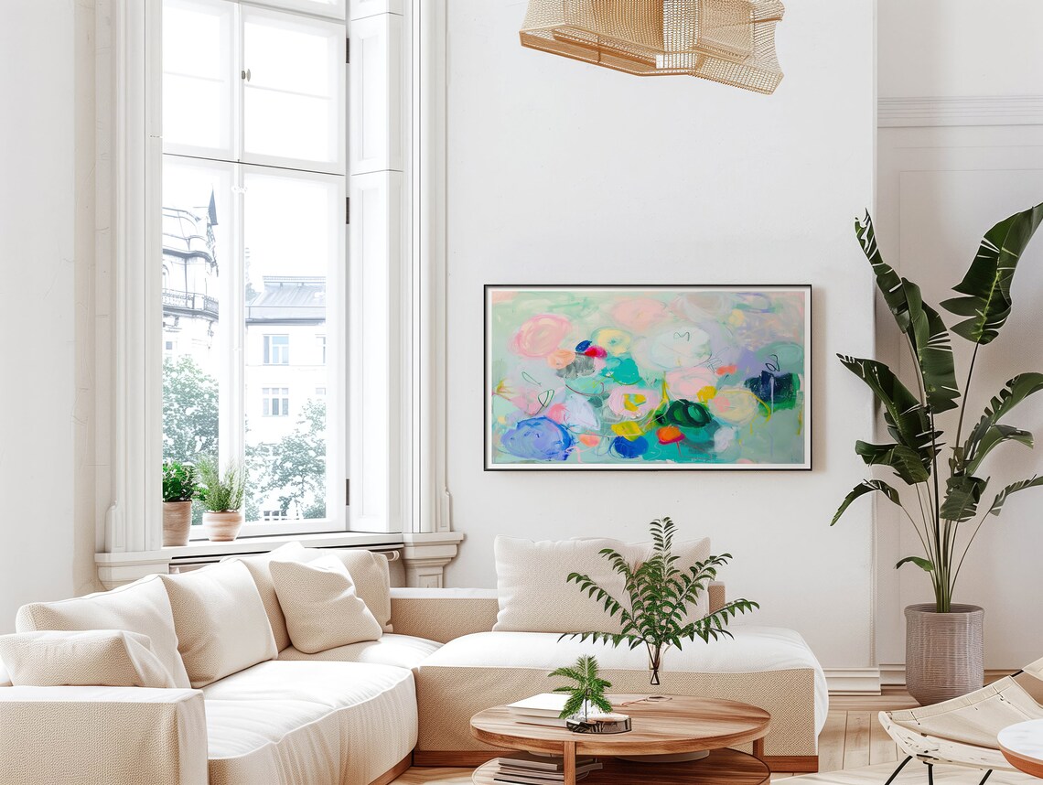 Teal Pastel Floral Blossom Colorful Abstract Oil Painting Art Print - Image 5