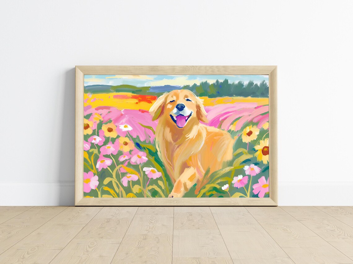 Golden Retriever Floral Pet Portrait, Fine Art Poster