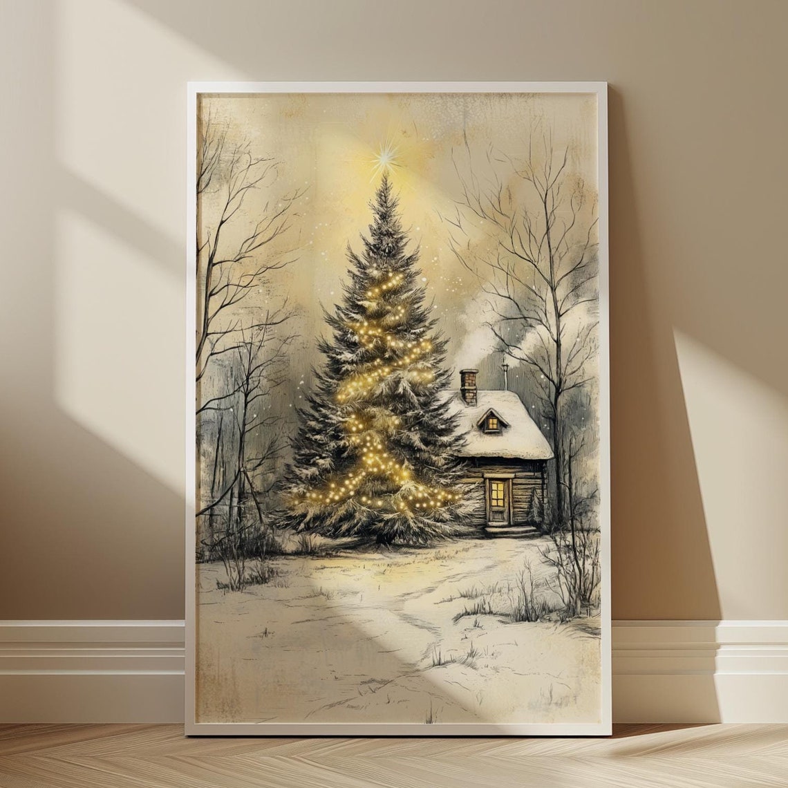 Vintage Sepia Christmas Tree Golden Lights Cabin Sketch Art Poster