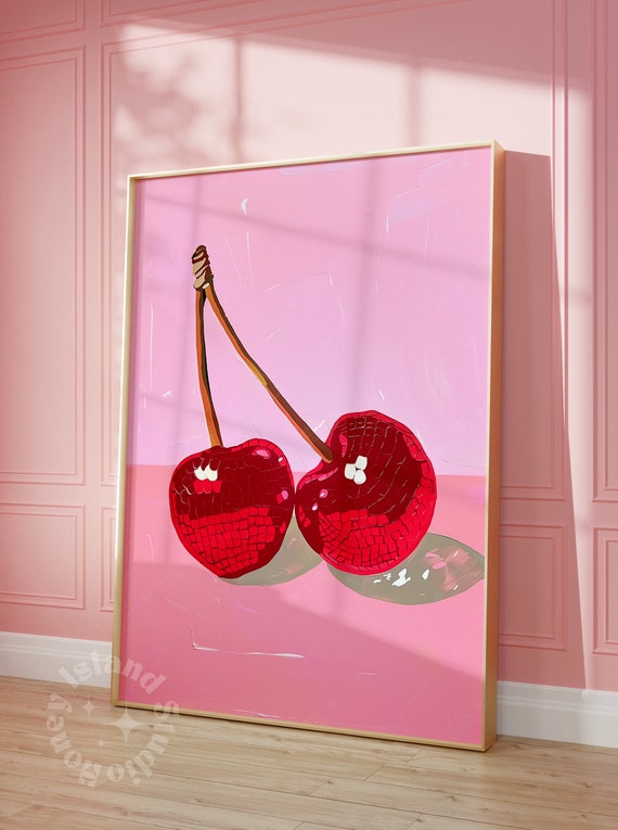 Disco Cherries Print Coquette Preppy Dorm Decor Paintings Wall Art Pink Girly Room
