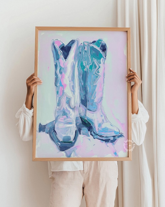Pastel Blue Cowgirl Boots Western Painting Poster Wall Decor