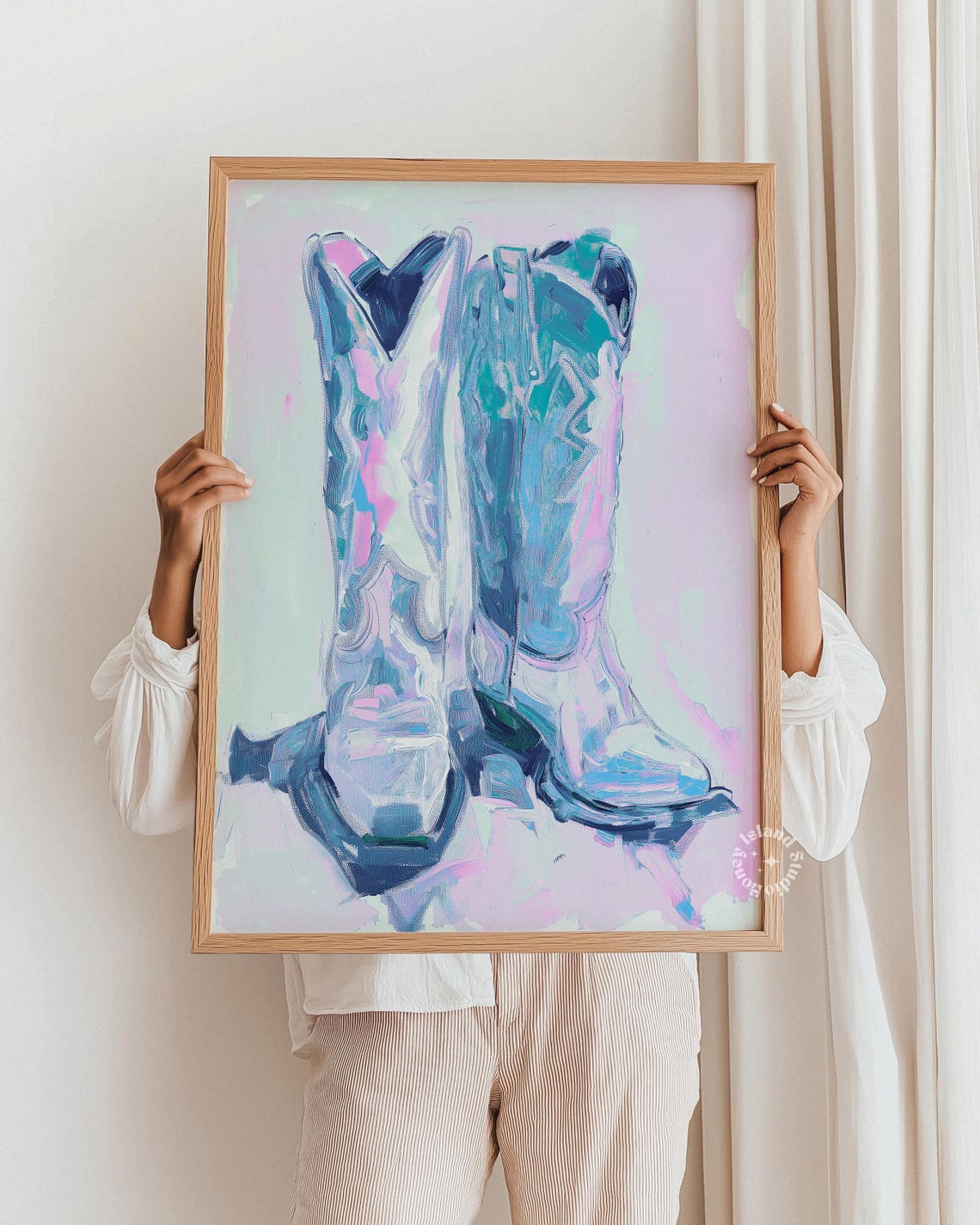 Pastel Blue Cowgirl Boots Western Painting Poster Wall Decor
