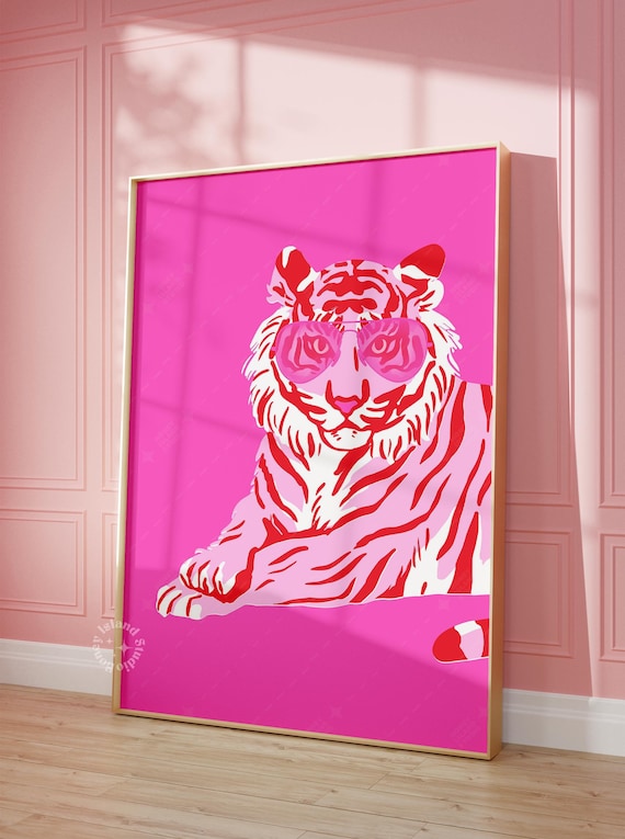 Pink Tiger Print Preppy Dorm Decor Maximalist Wall Art Sunglasses Trendy Room Retro Red Unframed