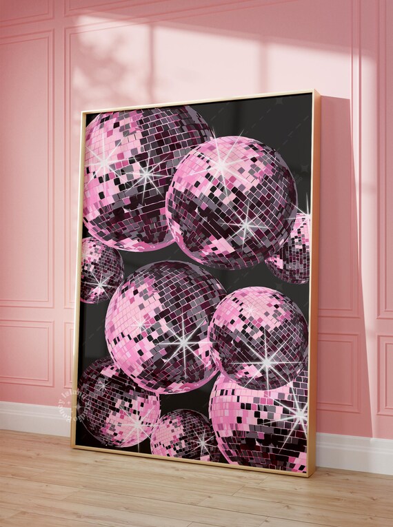 Pink Disco Balls with Starbursts on Black Glam Party Art Poster
