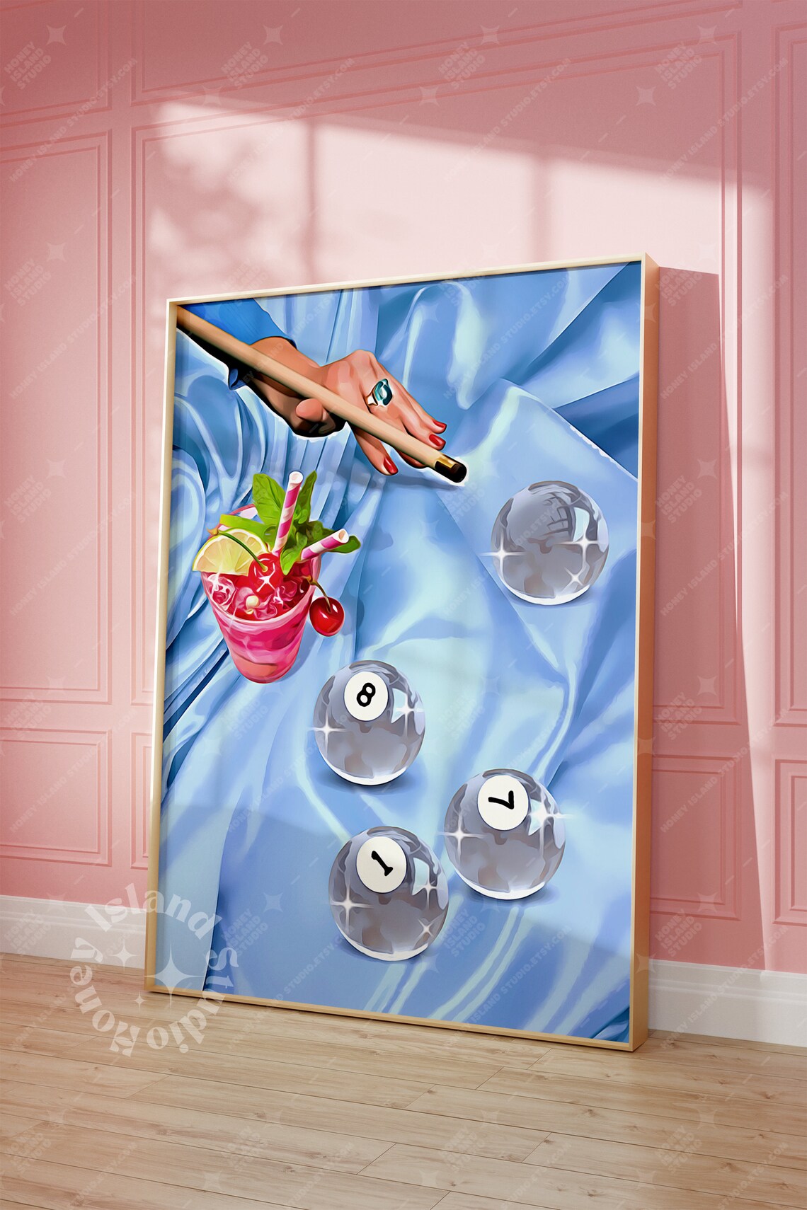 Billiards Blue 8 Ball Retro Drinks Poster