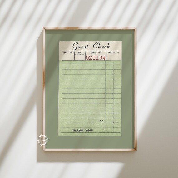Vintage Sage Green Guest Check Receipt Diner Decor Art Poster