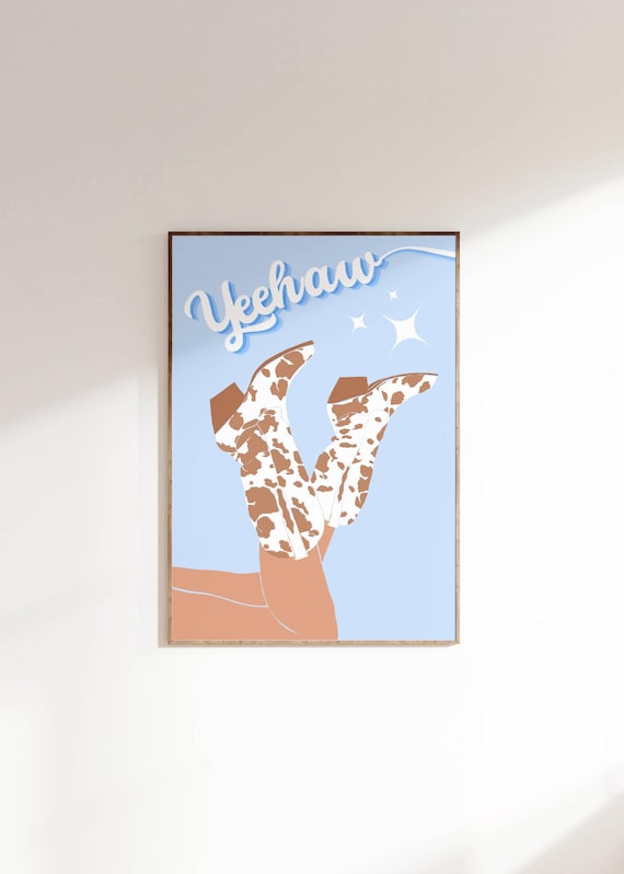 Yeehaw Blue Cowgirl Boots Cowhide Pattern Western Style Art Poster