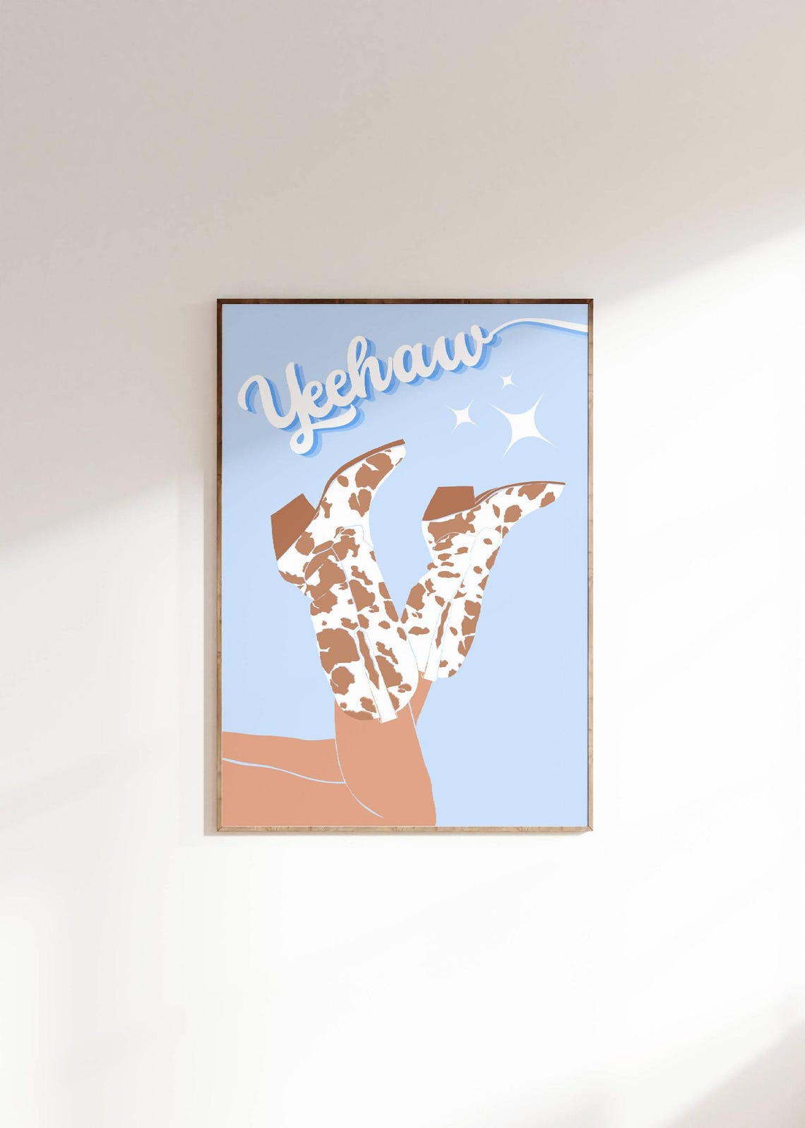 Yeehaw Blue Cowgirl Boots Cowhide Pattern Western Style Art Poster
