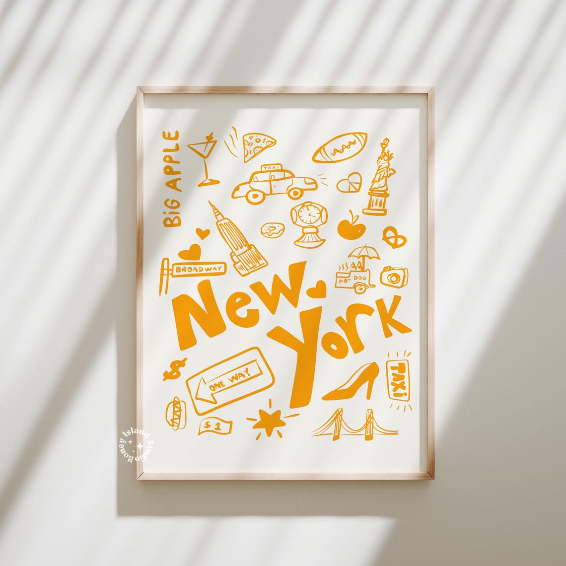 New York City Yellow Doodle Icons Big Apple Trendy Wall Art Decor