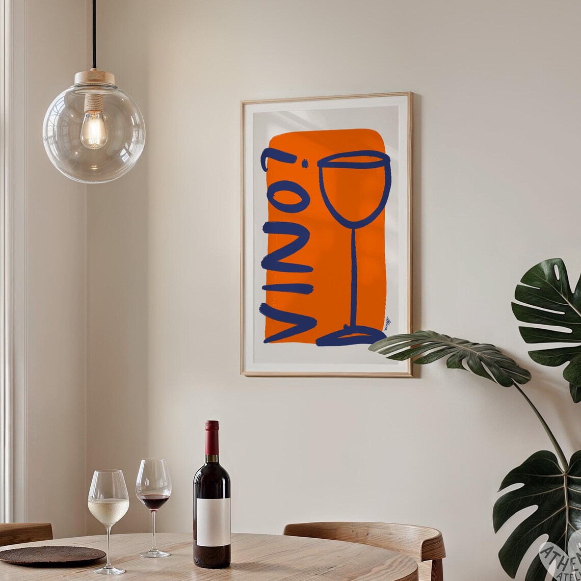 Vino Cobalt Wine Glass Vibrant Orange Block Bold Bar Cart Art Poster