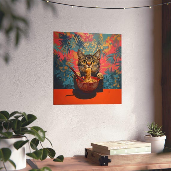 Maximalist Eclectic Ramen Hipster Tabby Cat Poster Print Bold Altered Animal Portrait Fantasy Fun Colorful Renaissance Rustic Art