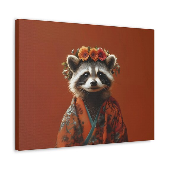 Raccoon Flower Crown Orange Kimono Rust Background Animal Poster