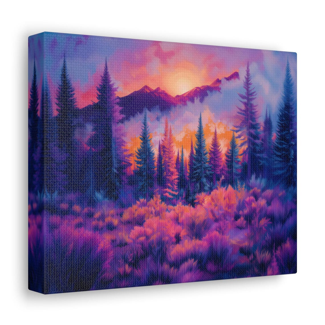 Pink Sunset Over Purple Pine Forest and Distant Peaks Art Print - Image 2