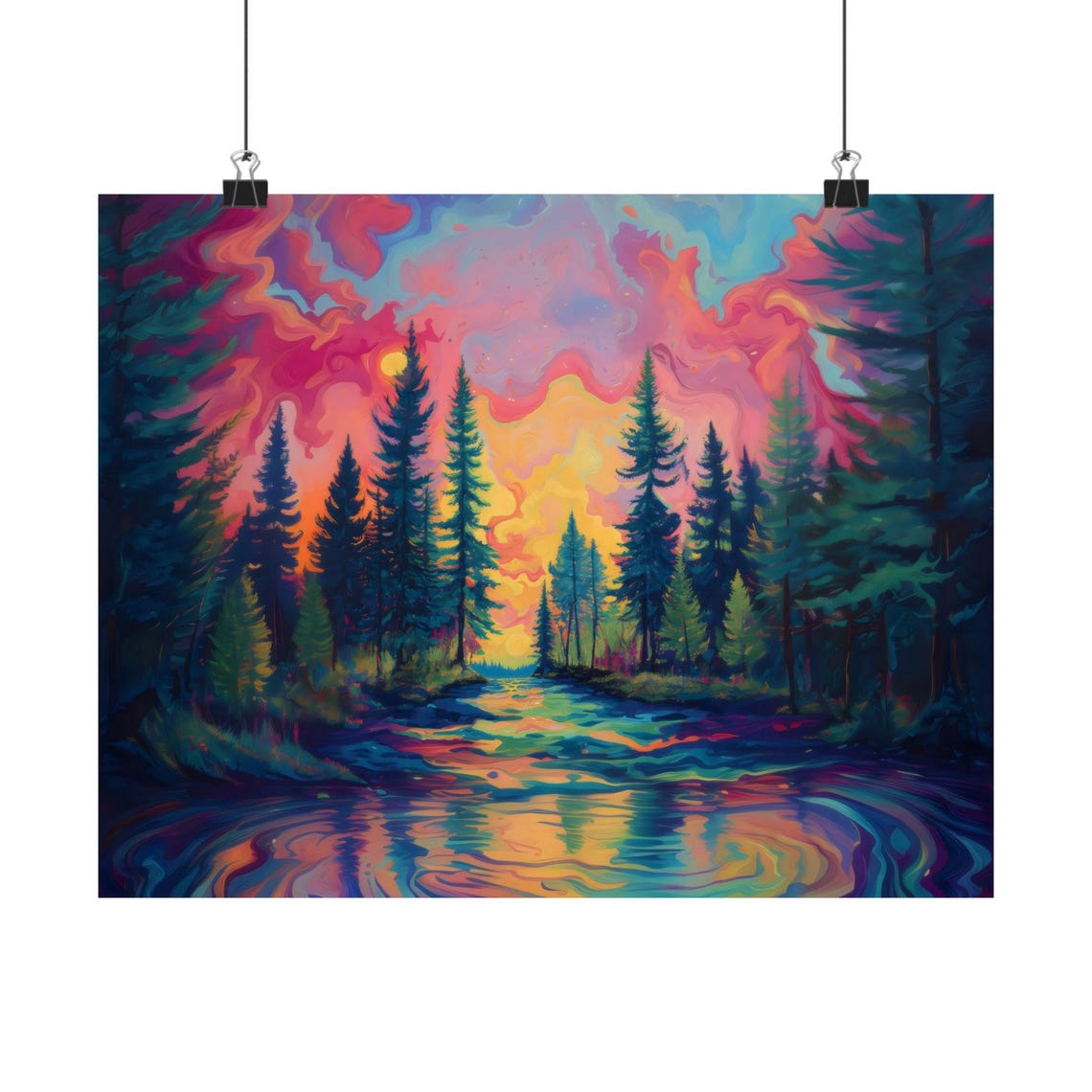 Psychedelic Sunset Over Tall Pine Forest Lake Reflections Poster