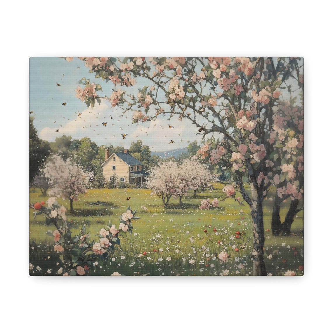 Spring Orchard Pink Blossom Bees Buzzing Country Farmhouse Print - Image 3