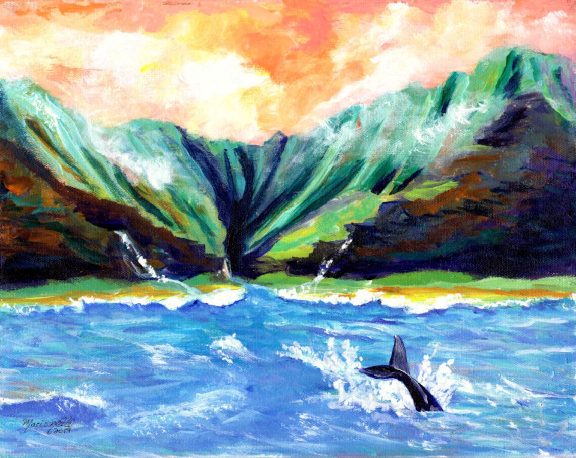 Na Pali Coast Kauai Hawaii Whale Tail Seascape Art Print