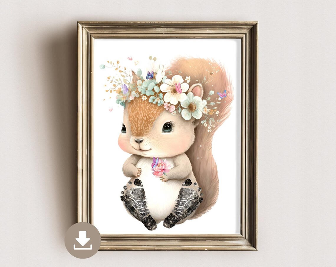 Baby Footprint Squirrel With Floral Decoration Art Print