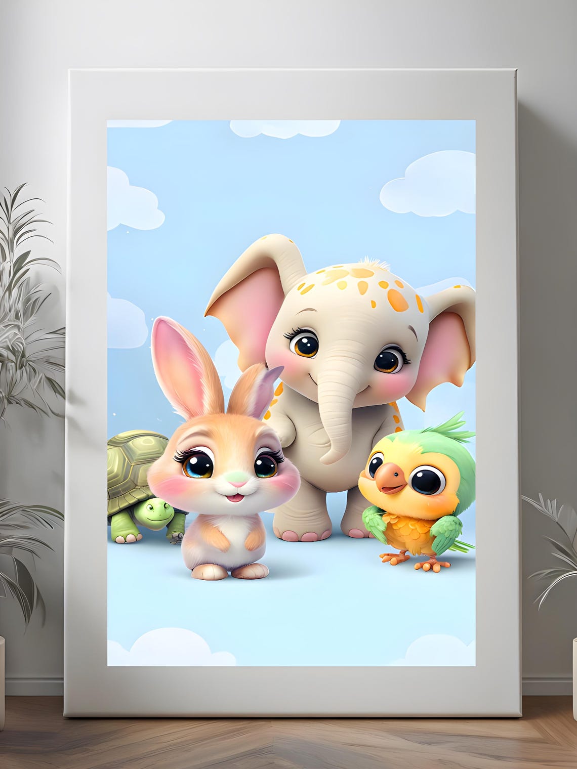 Cute Baby Elephant Bunny Bird and Turtle Nursery Room Poster