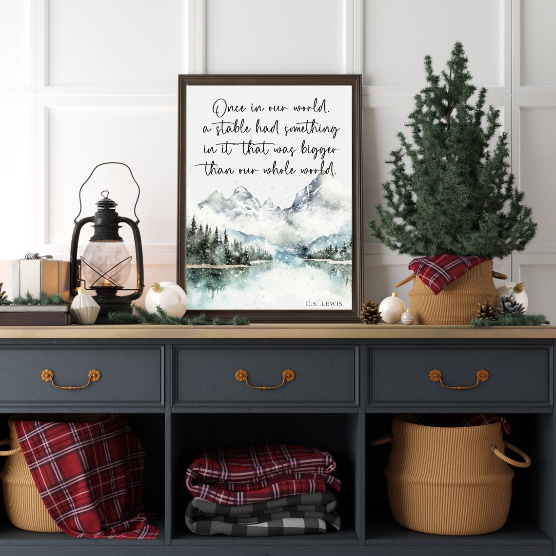 CS Lewis Stable Quote Watercolor Snowy Mountain Christmas Poster