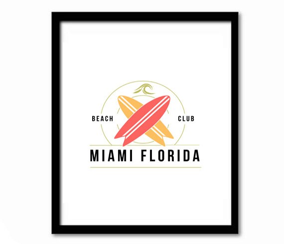 Miami Florida Beach Club Surfboard Retro Surf Travel Poster Art