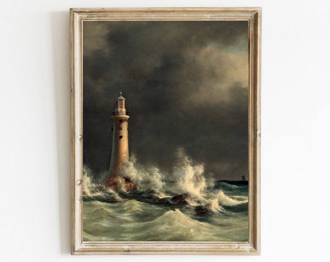 Vintage Seascape Lighthouse Art Print, Moody Nautical Decor