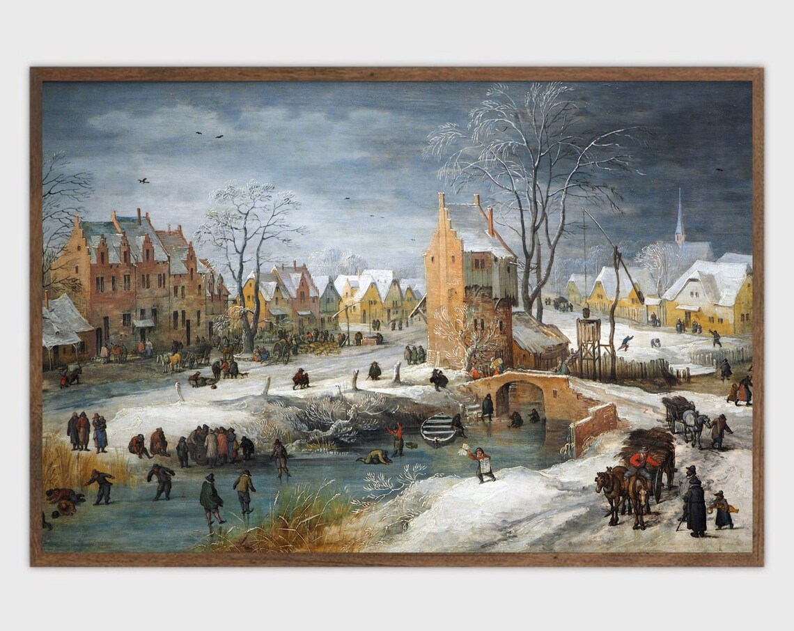 Vintage Ice Skating Art Print, Winter Snow Village