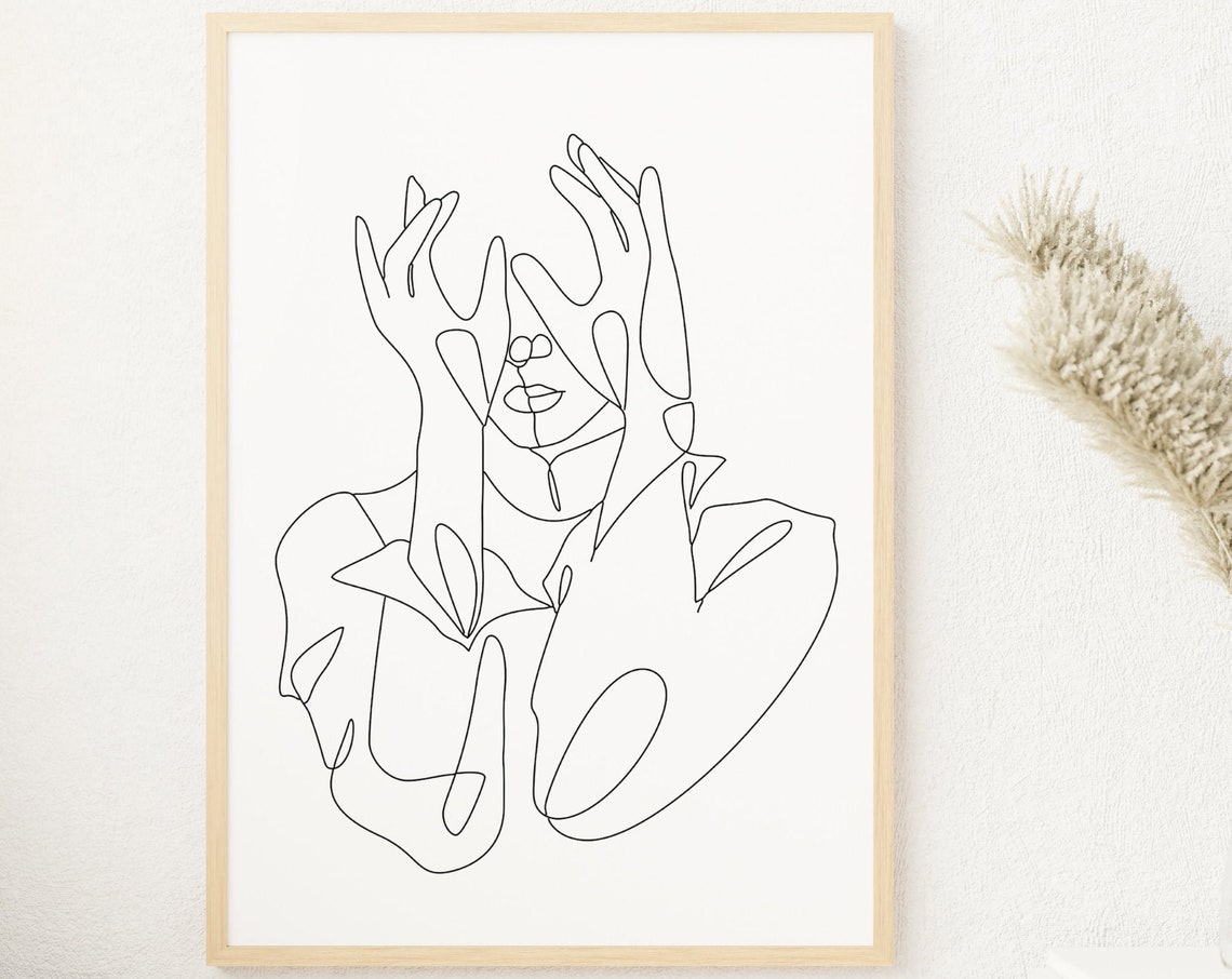 Abstract Face Hands Raised Single Line Drawing Minimalist Art Poster