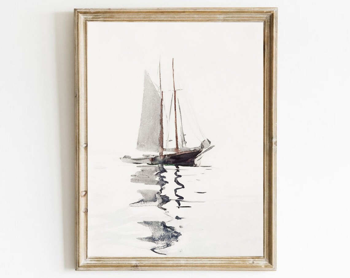 Minimalist Sailboat Watercolor On Still Water Nautical Poster
