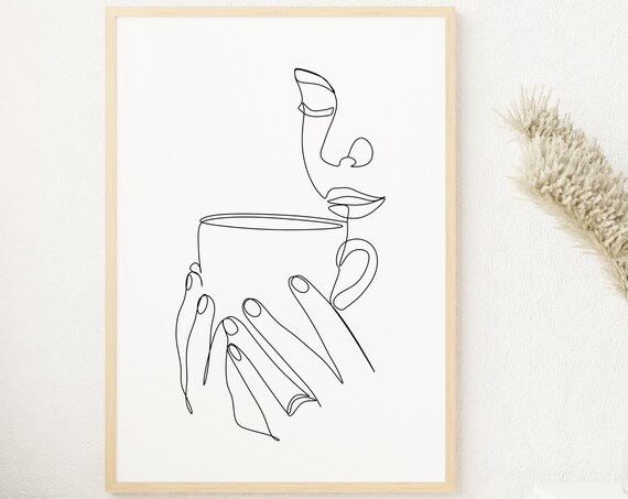 Woman With Coffee Hands Line Art, Minimalist Art Print