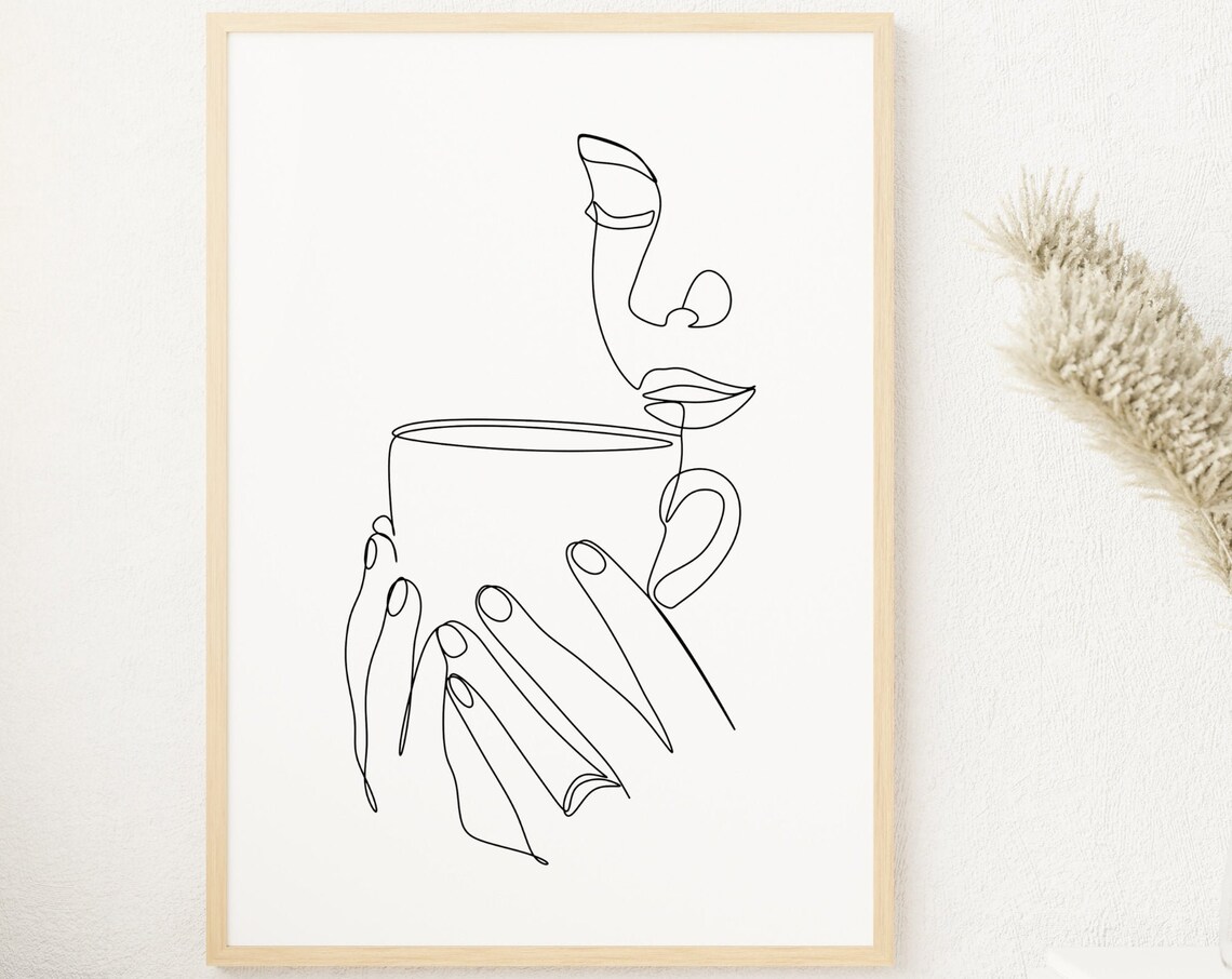 Woman With Coffee Hands Line Art, Minimalist Art Print
