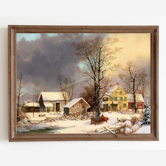 Vintage Winter Farm Painting Snowy Landscape Art Print Antique Farmhouse Decor Moody Farm Vintage Painting Holiday Art Print