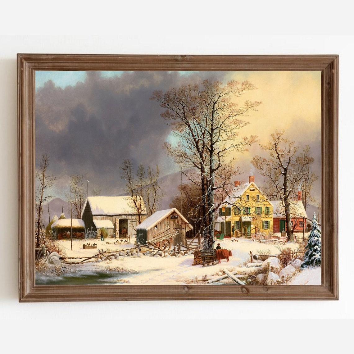 Vintage Winter Farm Painting Snowy Landscape Art Print Antique Farmhouse Decor Moody Farm Vintage Painting Holiday Art Print