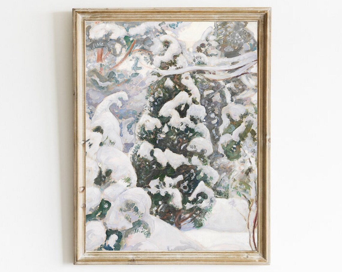 Snow Covered Pine Tree Vintage Winter Landscape Art Print