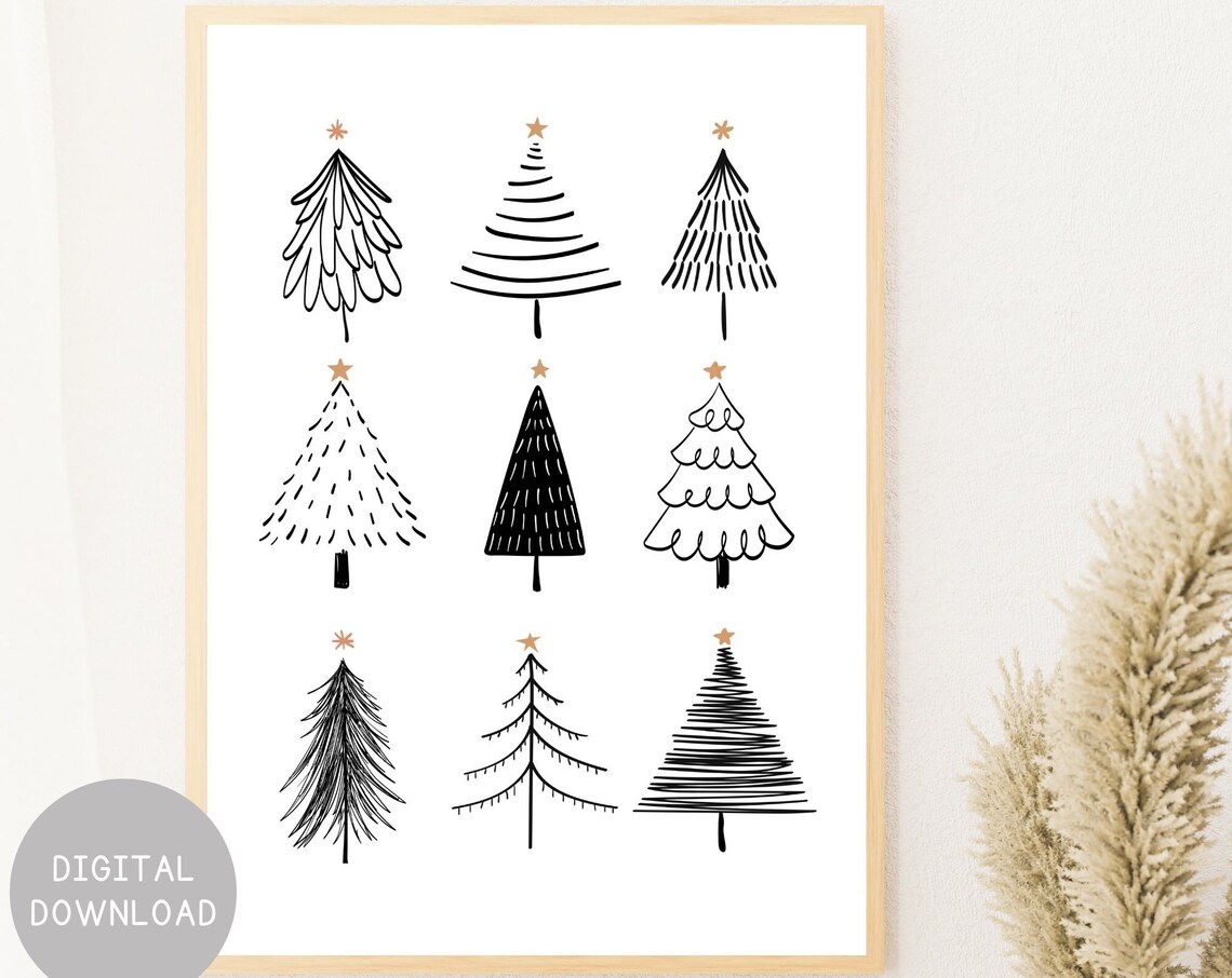 Christmas Tree Black and White Art Print, Holiday Decor