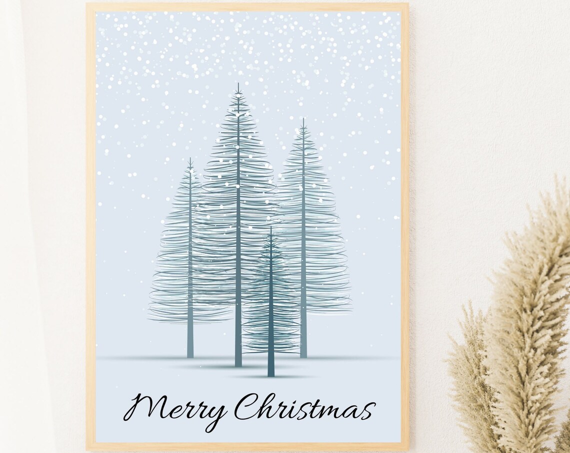 Merry Christmas Snowy Pine Forest Winter Night Holiday Scene Poster