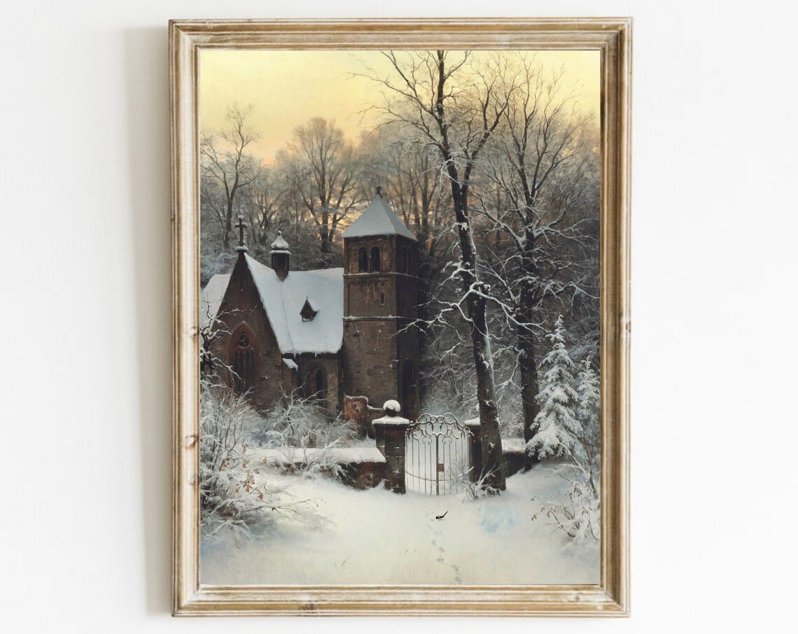 Snowy Church Vintage Winter Landscape Art Print