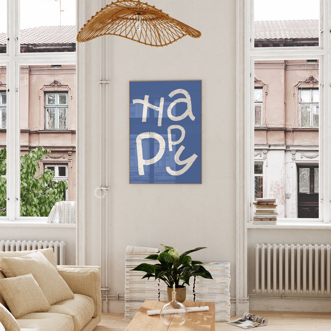 HAPPY White Hand Lettered Typography On Blue Background Art Poster - Image 2