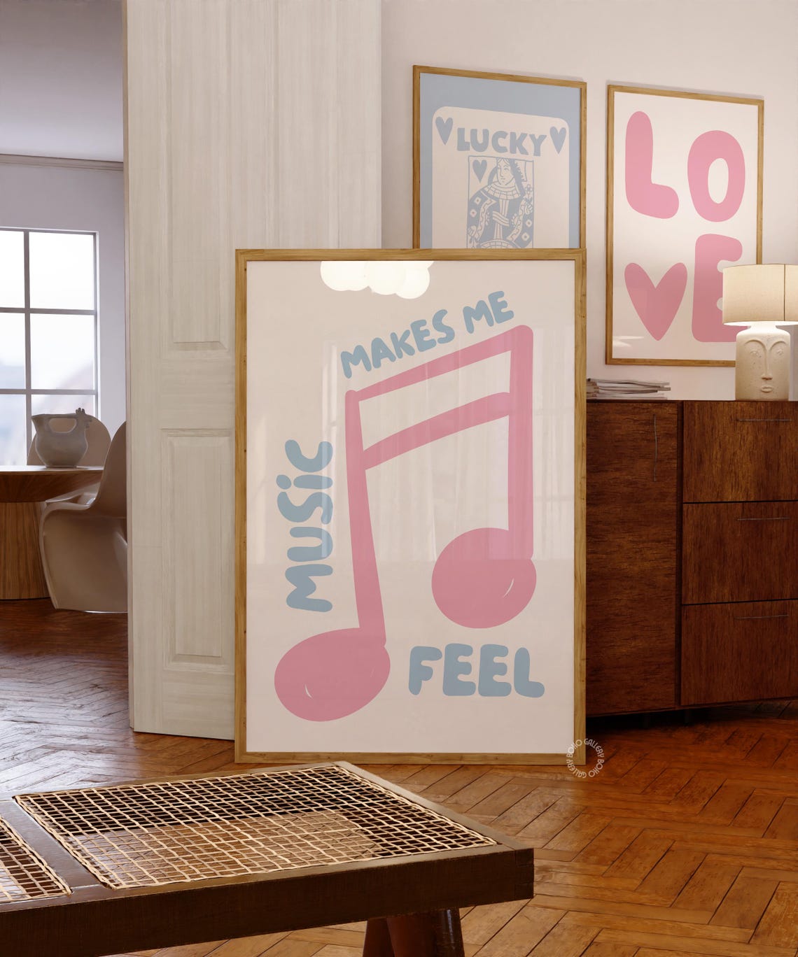 Music Makes Me Feel Pink Note Blue Retro Typography Music Poster